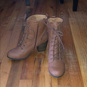 Brown faux leather lace up ankle booties